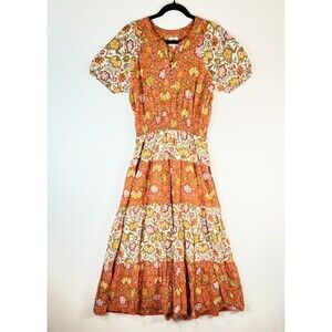 dRA Womens Dress Brown Midi Floral Smocked V Neck Tiered Cottagecore Boho Small